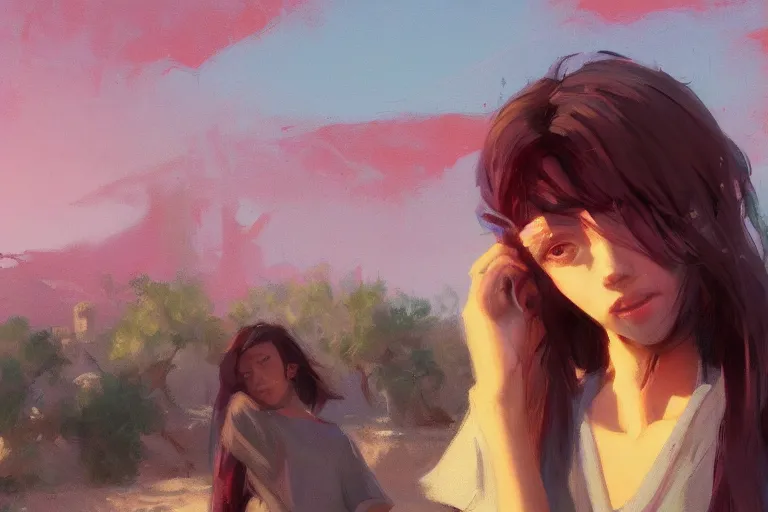 Image similar to digital art of a beautiful girl wearing a shirt standing in front of a ruined apartment complex, desert composition, sunlit, expressive oil painting, by artgerm, by jeremy lipking, anime style, octane render, bright colors, face!!!! close - up