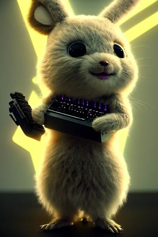 Image similar to high quality 3 d render very cute fluffy cyborg!! mouse plays keyboard, cyberpunk highly detailed, unreal engine cinematic smooth, in the style of blade runner & detective pikachu, hannah yata charlie immer, moody light, low angle, uhd 8 k, sharp focus