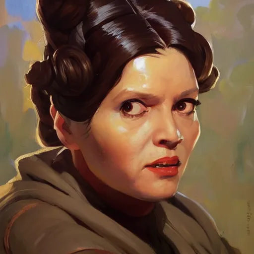 Image similar to greg manchess portrait painting of leia organa as overwatch character, medium shot, asymmetrical, profile picture, organic painting, sunny day, matte painting, bold shapes, hard edges, street art, trending on artstation, by huang guangjian and gil elvgren and sachin teng