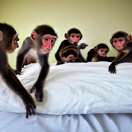 Prompt: Five little monkeys jumping on a bed