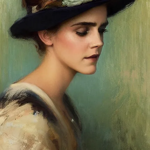 Prompt: happy very thick paint brush strokes paint texture full body fashion model emma watson by Jeremy Lipking by Hasui Kawase by Richard Schmid (((smokey eyes makeup eye shadow fantasy, glow, shimmer as victorian woman in a long white frilly lace dress and a large white hat having tea in a sunroom filled with flowers, roses and lush fern flowers ,intricate, night, highly detailed, dramatic lighting))) , high quality