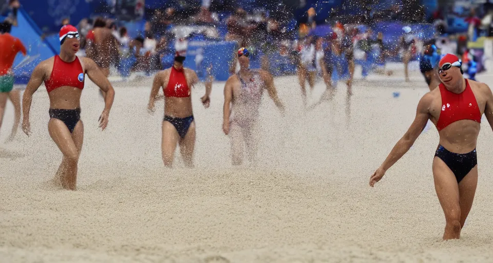 Image similar to olympic swimming in sand instead of water, extremely coherent