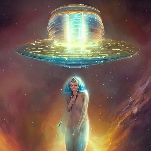 Image similar to a hyperrealistic illustration of a jellyfish in space, visible inside is a city with lights, award-winning, masterpiece, in the style of Tom Bagshaw, Cedric Peyravernay, Peter Mohrbacher