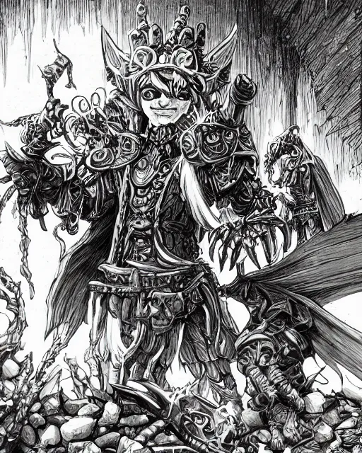 Image similar to A goblin merchant selling treasuries and potions, high detailed store, black and white, fantasy art, goblin art, in the style of masami kurumada, illustration, epic, fantasy, intricate, hyper detailed, artstation, concept art, smooth, sharp focus, ray tracing