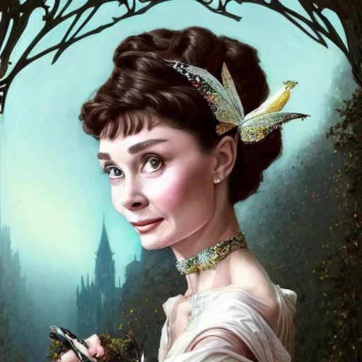 Image similar to audrey hepburn in an epic victorian novel, inside an ornate castle, intricate, elegant, highly detailed, digital painting, artstation, matte, illustration, art by artgerm, greg rutkowski, loish, rhads, ferdinand knab, makoto shinkai, lois van baarle, ilya kuvshinov, rossdraws, tom bagshaw