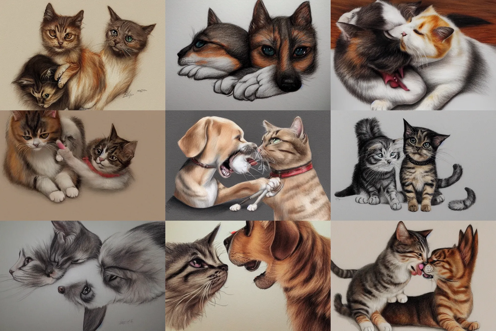 Prompt: cat and dog licking each other, cute drawing, concept art, trending on Artstation, realistic, very beautiful fur