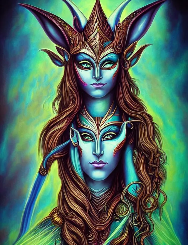 Prompt: elven masked deity. this air brush painting by an indie artist has an interesting color scheme, plenty of details and impeccable lighting.