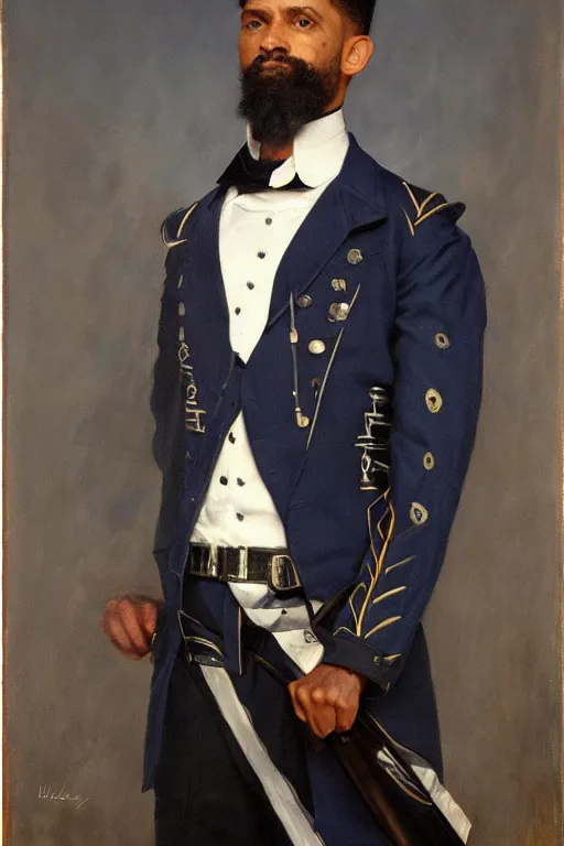 Image similar to full body portrait of the dictator of the orlando magic, 1 8 8 9, in full military garb, magic blue, silver, and black, oil on canvas by william sidney mount, trending on artstation