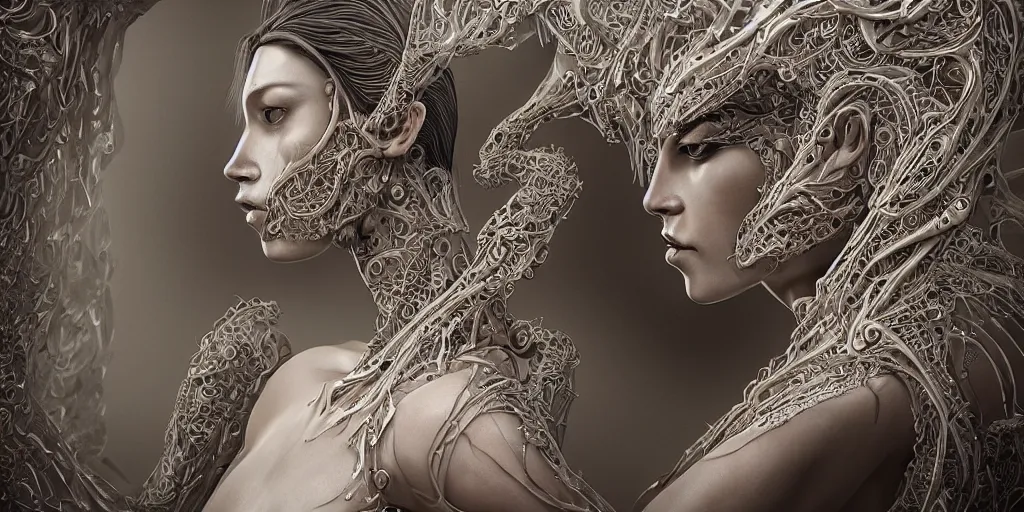 Prompt: realistic photography of a beautiful cyborg androgynous humanoid, holding close, in liquid, intricate filigree, in the style of beth cavener, jin kagetsu, wlop, highly detailed, symmetry, masterpiece, concept art, ringflash, highkey lighting, ambient lighting, octane render, 8 k, artstation