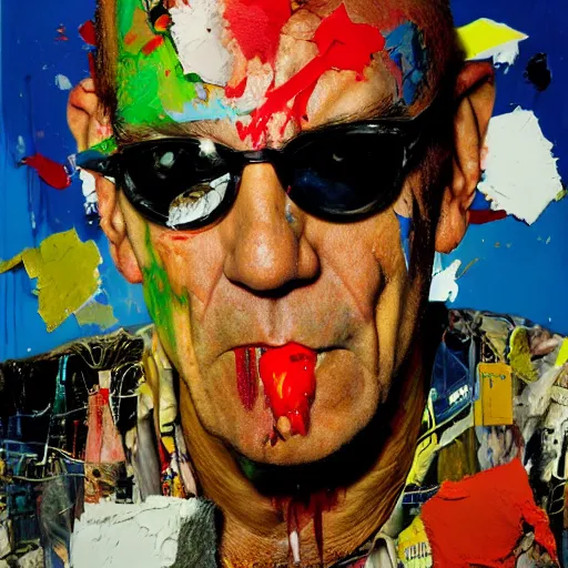 Image similar to hyperrealistic, photorealistic, mixed media oil painting of hunter s thompson, magazine scraps, plaster, blood, oil, mustard, splatter, greg rutkowski, basquiat, ralph steadman, wesley kimler, terry gilliam, andy warhol, dali