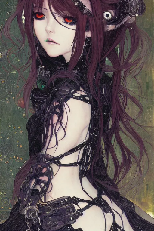 Image similar to portrait of beautiful young gothic anime maiden, cute anime face, cyberpunk, Warhammer, highly detailed, artstation, illustration, art by Gustav Klimt