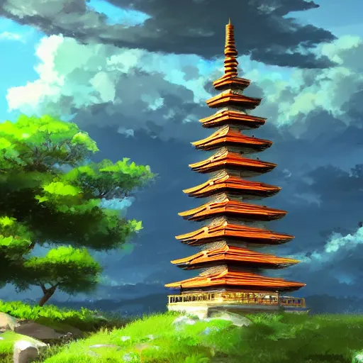 Image similar to a pagoda with a path surrounded by mountains, stormy weather. Makoto Shinkai, anime, trending on ArtStation, digital art. W- 2000