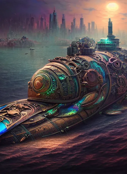 Image similar to hyper detailed ultra sharp of a silicone bodycore steampunk biocore overcrowded city submarine bioluminated trending on artstation, warpaint aesthetic, earthwave, colorful, psychedelic, ornate, intricate, digital painting, concept art, smooth, sharp focus, illustration, art by artgerm and greg rutkowski and h. r. giger, 8 k