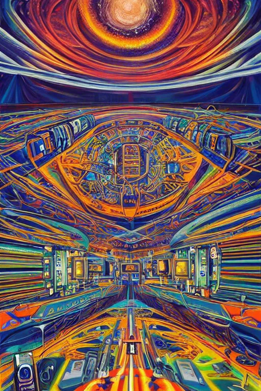 Image similar to a painting of the interior of an international space station filled with electronic equipment, an ultrafine detailed painting by alex grey, behance contest winner, psychedelic art, psychedelic, outlined art, poster art