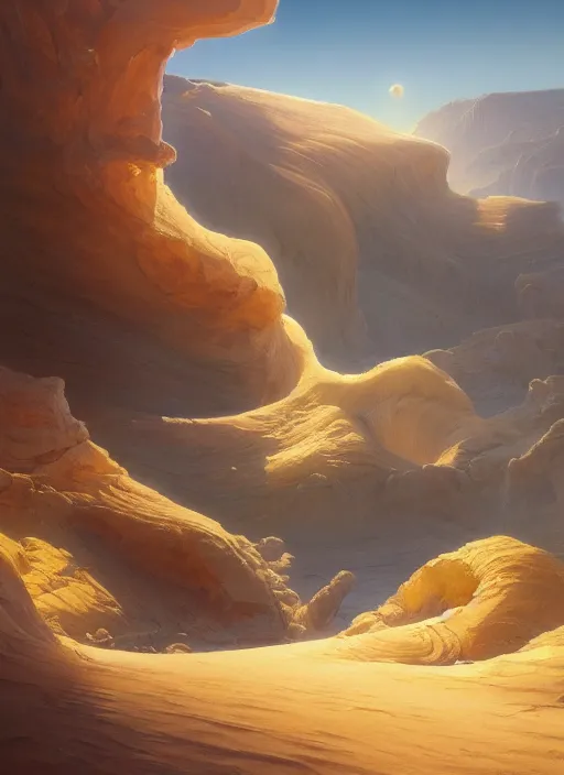 Prompt: crystal desert, extremely detailed oil painting, unreal 5 render, rhads, sargent and leyendecker, savrasov levitan polenov, bruce pennington, studio ghibli, tim hildebrandt, digital art, a landscape painting of a desert with large crystals, octane render, beautiful composition, trending on artstation, award - winning photograph, masterpiece