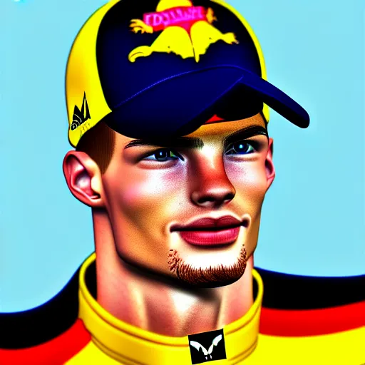 Image similar to a cartoon portrait of max verstappen, formula 1 world champion, high details, 4 k, digital art