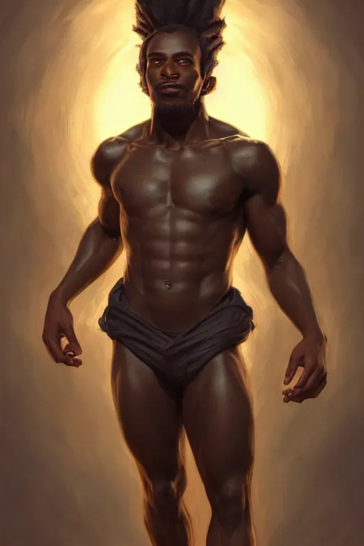 Image similar to clear portrait of a black attractive men, cottagecore!!, background hyper detailed, character concept, full body, dynamic pose, glowing lights!! intricate, elegant, highly detailed, digital painting, artstation, concept art, smooth, sharp focus, illustration, art by artgerm and greg rutkowski and alphonse mucha