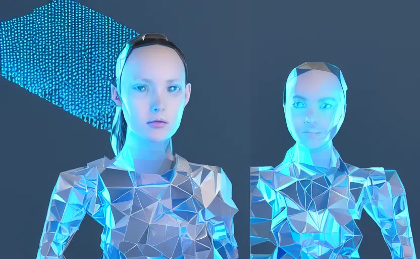 Image similar to young female agi in her 20s made out of low poly, kevlar, octa core, watercooled plates with crystal elements as a power source with an arctic-based, geometric backdrop; led, robotic, abstract, front profile shot, cycles render, 4k