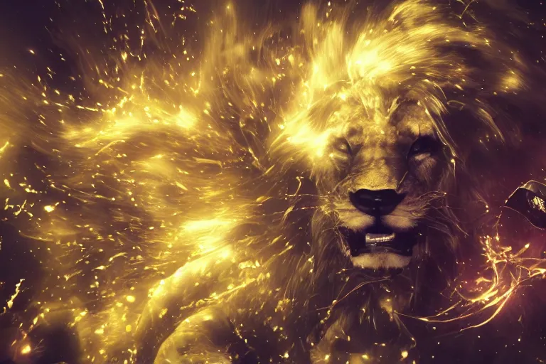 Image similar to Furious lion roars against golden sparks, black smoke, Anime, cyberpunk, gothic, dark fantasy, art, 4k,