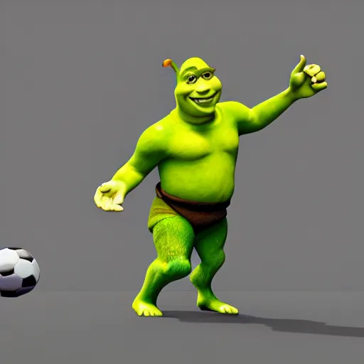 Prompt: shrek playing soccer, highly detailed, extremely high quality, hd, 4 k, 8 k, canon 3 0 0 mm, professional photographer, 4 0 mp, lifelike, top - rated, award winning, realistic, detailed lighting, detailed shadows, sharp, no blur, edited, corrected, trending