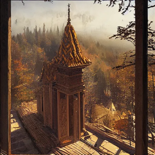 Image similar to wooden slavic temple view from high, greg rutkowski,