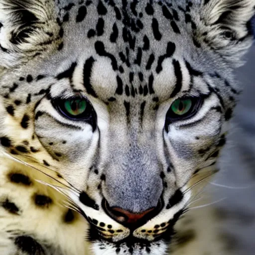 Prompt: A close up of a snow leopard looking to the left.