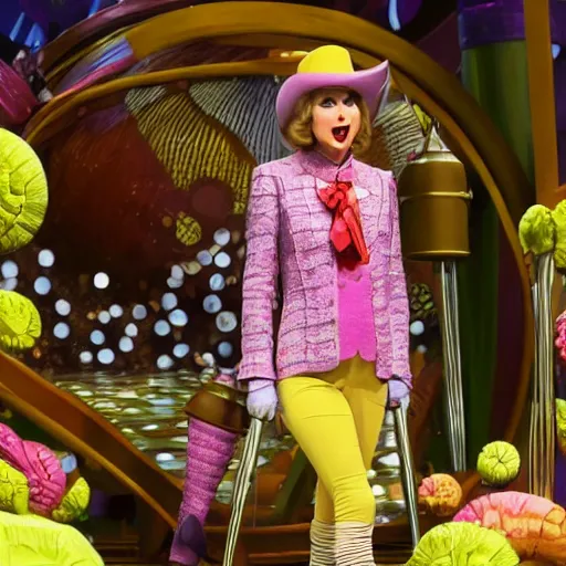 Image similar to still of taylor swift as willy wonka in willy wonka and the chocolate factory