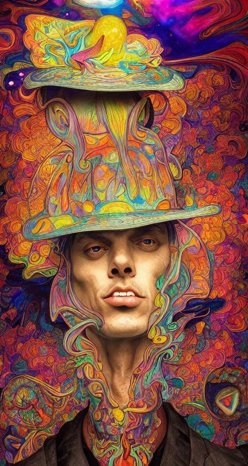 Image similar to An extremely psychedelic celestial smiling Larry Harvey white fedora hat, colorful, surreal, dramatic lighting, magic mushrooms, psilocybin, LSD, detailed, intricate, elegant, highly detailed, digital painting, artstation, concept art, smooth, sharp focus, illustration, art by Krenz Cushart and Artem Demura and alphonse mucha