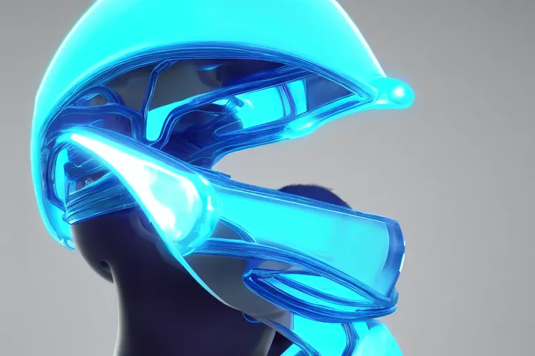 Prompt: futuristic fluid aquamarine cyber helmet visor, intricate, glowing, eyecandy, colorful, 3 d, octane render, photorealistic, modern, warp,