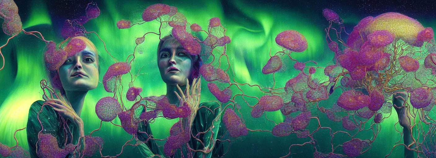 Prompt: hyper detailed 3d render like a Oil painting - Aurora (golden faced Singer) seen Eating of the Strangling network of yellowcake aerochrome and milky Fruit and Her delicate Hands hold of gossamer polyp blossoms bring iridescent fungal flowers whose spores black out the foolish stars by Jacek Yerka, Mariusz Lewandowski, Houdini algorithmic generative render, Abstract brush strokes, Masterpiece, Edward Hopper and James Gilleard, Zdzislaw Beksinski, Mark Ryden, Wolfgang Lettl, hints of Yayoi Kasuma, octane render, 8k