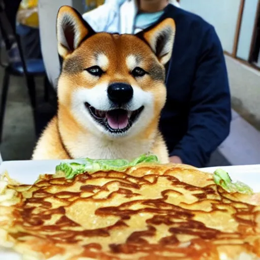 Image similar to a photo of a shiba inu made out of okonomiyaki