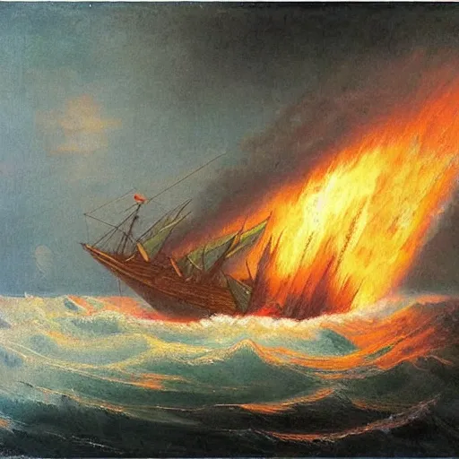 Image similar to large ship being tossed about in a fiery storm in the sea, dark, low light, terrifying, beautiful, raja ravi varma painting