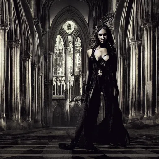 Image similar to jessica alba as a succubus in a gloomy gothic cathedral at night