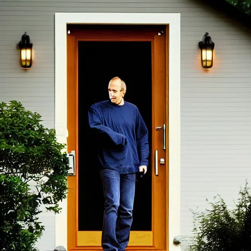 Image similar to steve jobs knocking at the front door for someone to let him in the house, while it's thunderstorm, at night