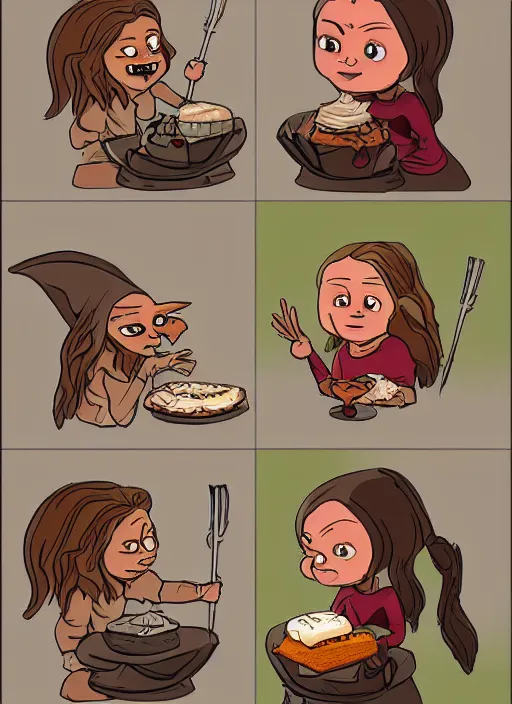 Prompt: greta thunberg as a medieval goblin eating cakes. detailed digital art, trending on Artstation