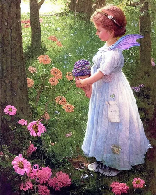 Prompt: detailed painting of a beautiful tardigrade standing upright and holding hands with a young girl, untouched by humans for years, with a brooding fairy inside it. sunlight beams down on the scene and you can tell it is spring from the flowers. atmospheric. by norman rockwell