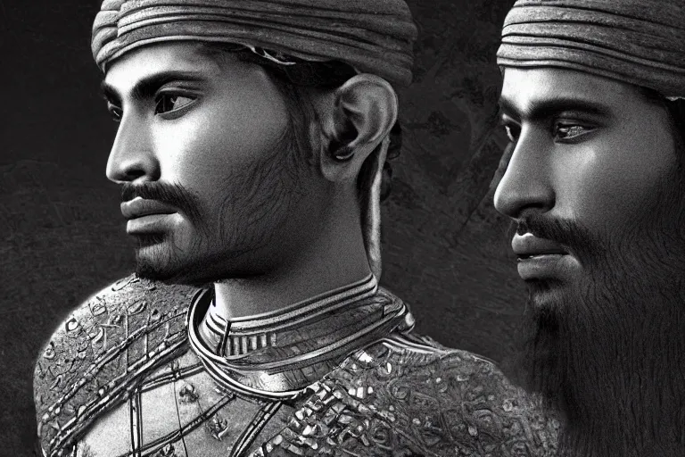 Prompt: still photo of mughal empire man looking at the camera in a battlefield, black and white color aesthetic, highly detailed, photorealistic portrait, bright studio setting, studio lighting, crisp quality and light reflections, unreal engine 5 quality render