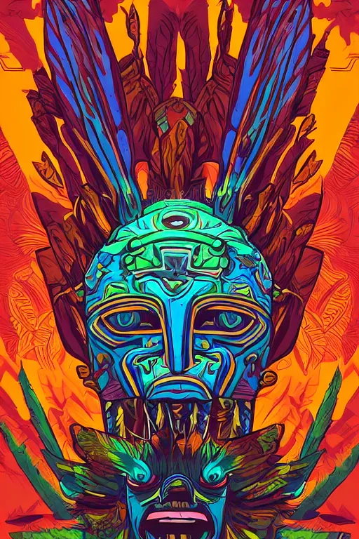 Prompt: totem animal mask tribal feather gemstone plant wood rock shaman vodoo video game vector illustration vivid color borderlands by josan gonzales and dan mumford radiating a glowing aura