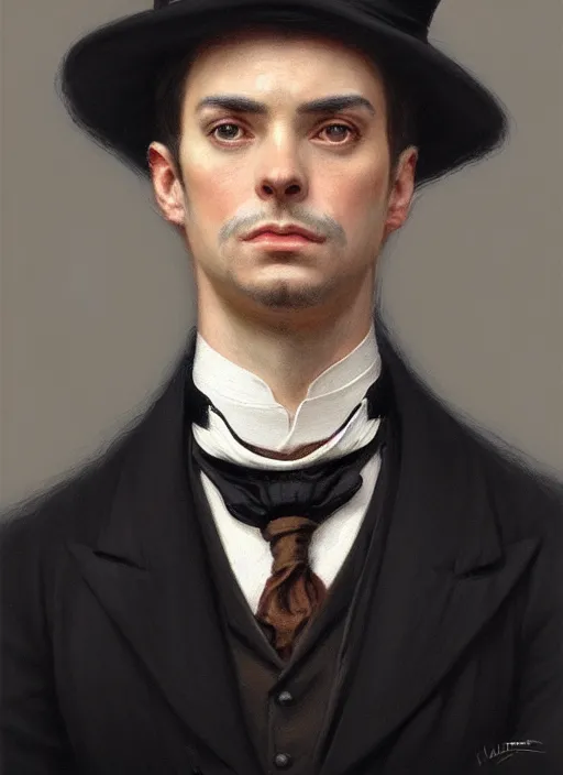 Prompt: 3 / 4 view of a portrait of man in victorian clothing, confident pose, intricate, elegant, sharp focus, illustration, highly detailed, concept art, matte, trending on artstation, anime, art by james jean and artgerm and brian despain and alberto mielgo, greg rutkowski, wlop, ilya kuvshinov, strong strokes