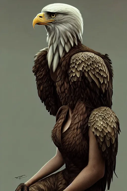 Image similar to epic professional digital art of female human - eagle hybrid animal, sitting and wearing human air force jumpsuit, humanoid feathered head, eagle beak, by reyna rochin, ignacio fernandez rios, leesha hannigan, wayne haag, artstation, cgsociety, epic, much wow, much detail, gorgeous, detailed, cinematic, masterpiece