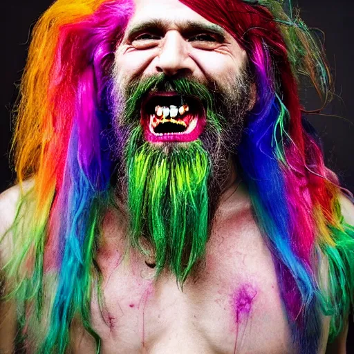 Image similar to a crazy man with long multi colored hair and a pointy beard smiling and making strange gestures as his face melts and inside his face are various psychedelic rebel monsters, psychedelic surreal cosmic bizarre horror