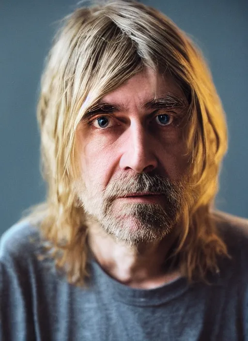 Prompt: DSLR photo portrait still of 55 year old age 55 Kurt Cobain at age 55!!!, 85mm f1.8