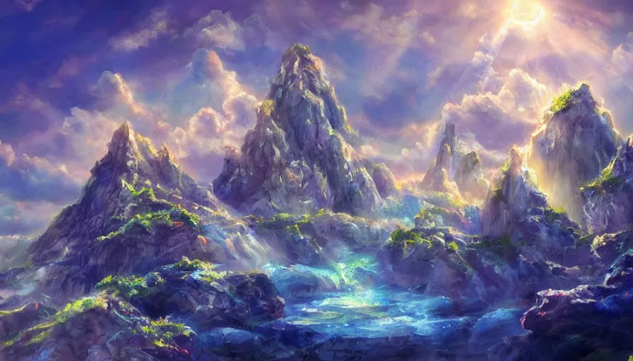 Prompt: a beautiful painting of a crystal castle set on top of a cliff, sun shining light rays thorugh the clouds, trending on artstation. blue color scheme