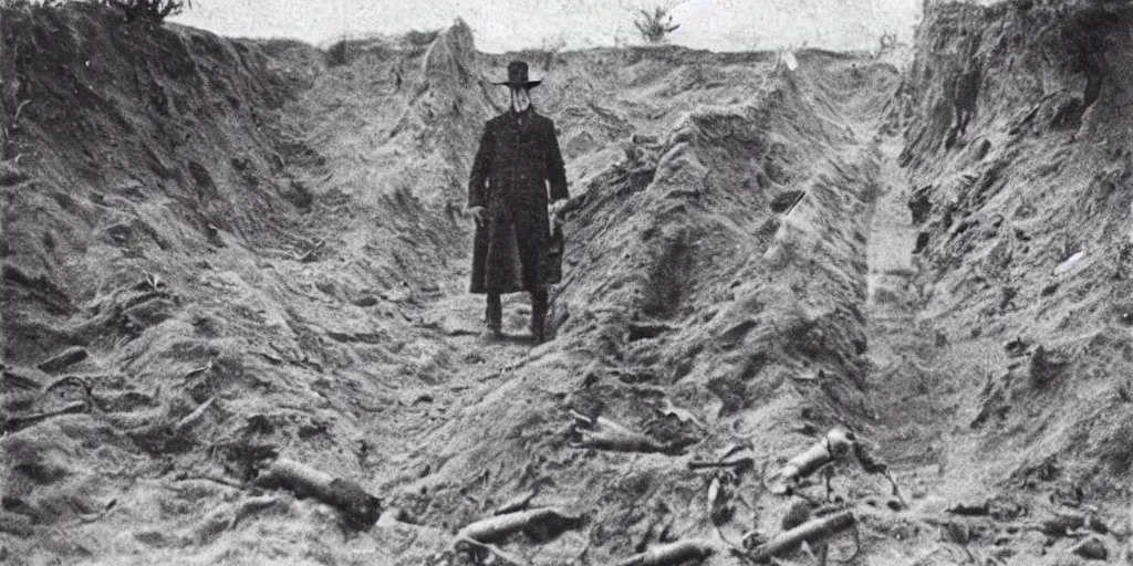 Image similar to scary unproportionable tall ghost creature in the middle of a trench, 1900s picture