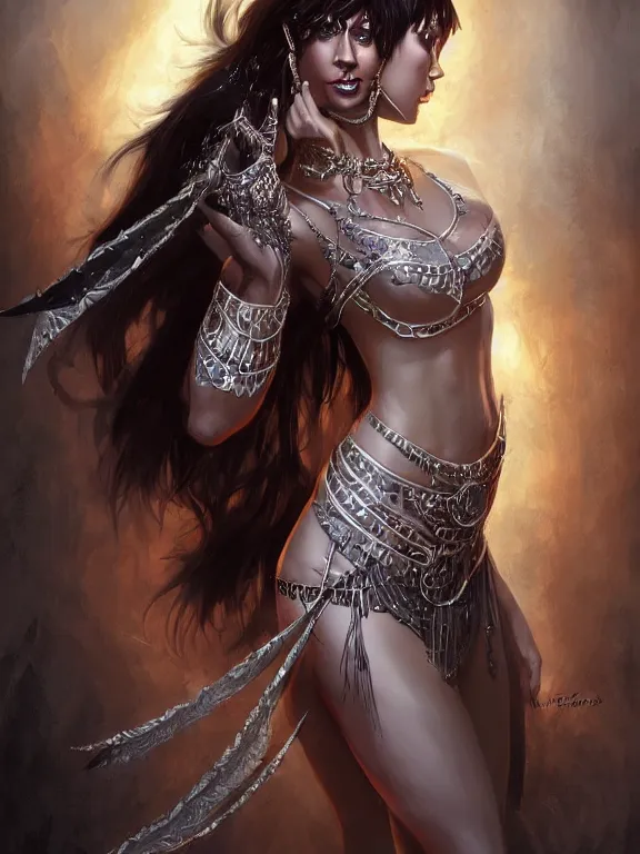 Prompt: picture of gorgeous combat belly dancer, dark skin, symmetrical face, elegant, silver decoration, dnd, high fantasy, matte digital illustration, by rossdraws, ralph horsley, pixiv