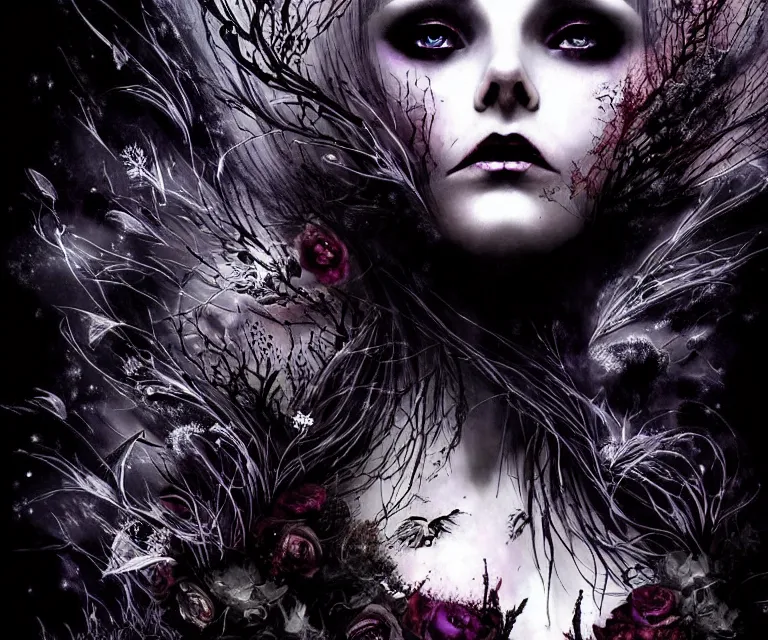 Image similar to stunning otherworldly gothic goddess of freewill, dark and mysterious, atmospheric, ominous, eerie, cinematic, epic, 8 k, ultra detail, ultra realistic | nights falling wind is blowwing snow is pilling concept art in style of carne griffiths artwork by xsullo. | backround of beautiful floweres floatingby elson, peter kemp, peter