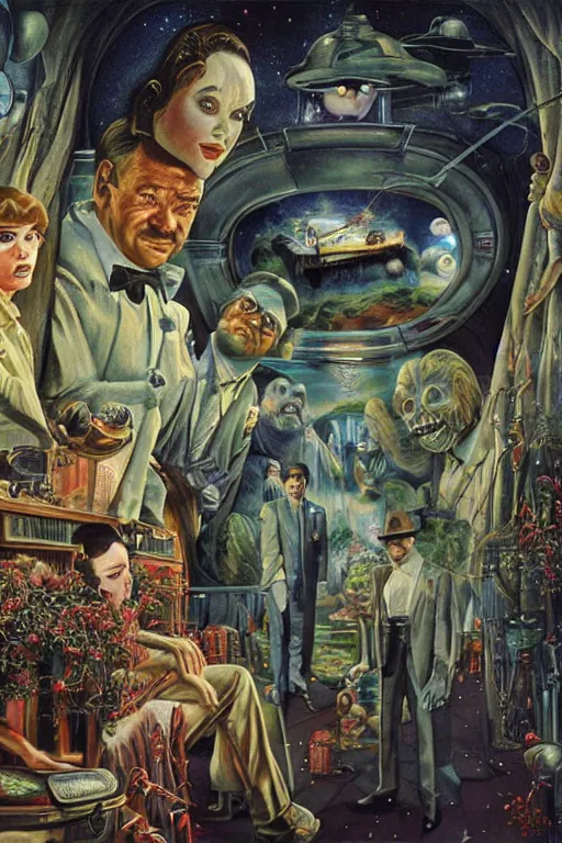 Image similar to an airbrush painting of an elaborate hidden object scene of the tv show the twilight zone ( 1 9 6 0 ) by destiny womack, gregoire boonzaier, harrison fisher, richard dadd