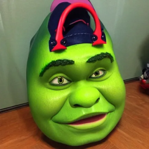 Image similar to a children's bag inspired and themed by shrek's design, a bag in the shape of shrek, high quality product, product design, sherek head design as a bottle,