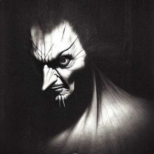 Prompt: studio portrait of mr sinister by rembrandt, pan's labyrinth movie still frame of vampiric mr sinister, mcu nathaniel essex mr sinister by wayne barlowe by durer by beksinski