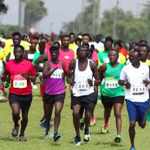 Prompt: african xi jinping running a marathon, hands in air